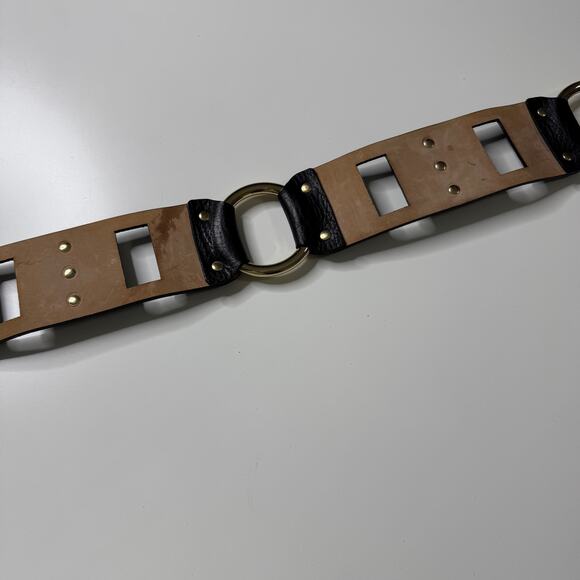 DOLCE & GABBANA Black Chunky Ring Studded Leather Belt Gold 34\